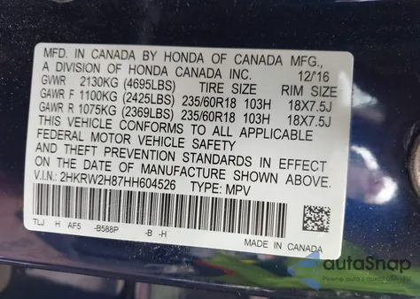 2017 Honda Cr-V Ex-L/Ex-L Navi z USA, uszkodzony, nr VIN 2HKRW2H87HH604526